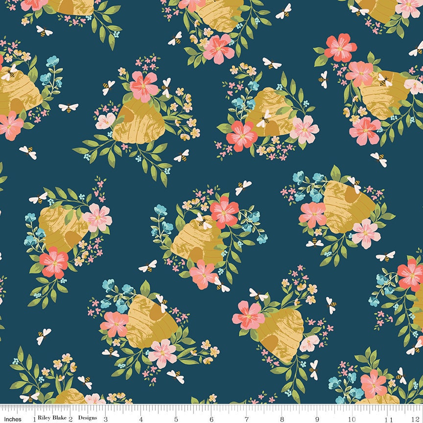 Clearance - 1/2 Yard Flat Fold - Honeycomb Hill by the Yard Quilting Cotton features florals, beehives, bees, honeycombs, and gingham