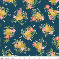 Clearance - 1/2 Yard Flat Fold - Honeycomb Hill by the Yard Quilting Cotton features florals, beehives, bees, honeycombs, and gingham