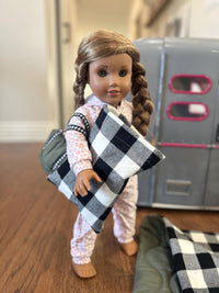 18 inch Doll Sleeping Bag Set - Green & Buffalo Check - Includes Weekend Bag, Pillow, and Pillow Case, Handmade Gift for Kids or Collectors