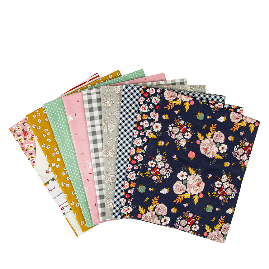 Collection of fabric swatches with various patterns on a white background