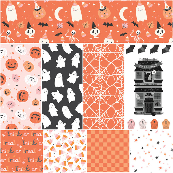 1/2 Yard Flat Fold, Hey Pumpkin Main - Orange, Ghosts, Skeletons, Candy Corn, Stars by Riley Blake Designs