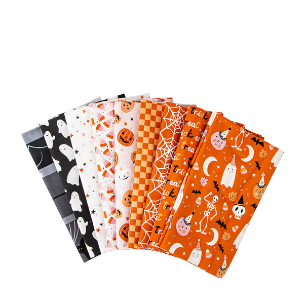 1/2 Yard Flat Fold, Hey Pumpkin Main - Orange, Ghosts, Skeletons, Candy Corn, Stars by Riley Blake Designs