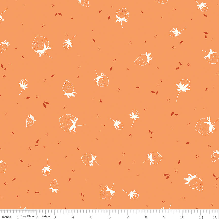 Pattern of strawberries and leaves on an orange background with a fabric swatch at the bottom.