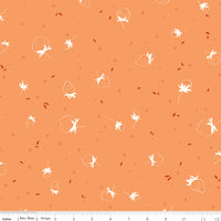 Pattern of strawberries and leaves on an orange background with a fabric swatch at the bottom.