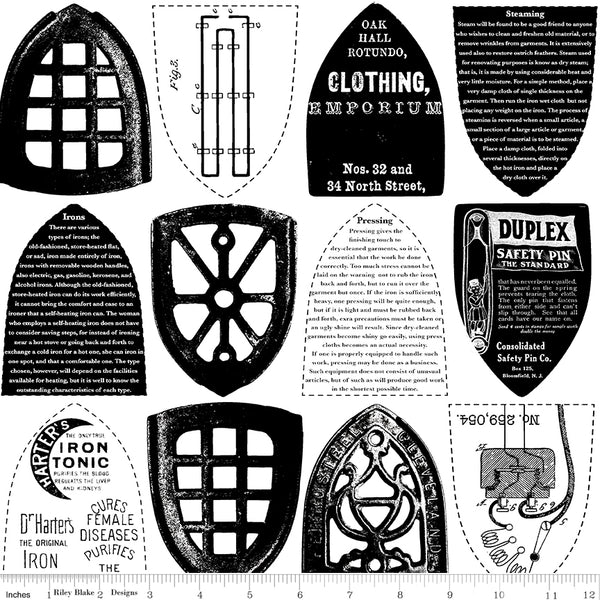 Press On: Iron Plate - White Iron Sole Plates and Text - 1/2 Yard Flat Fold - by J. Wecker Frisch for Riley Blake Designs
