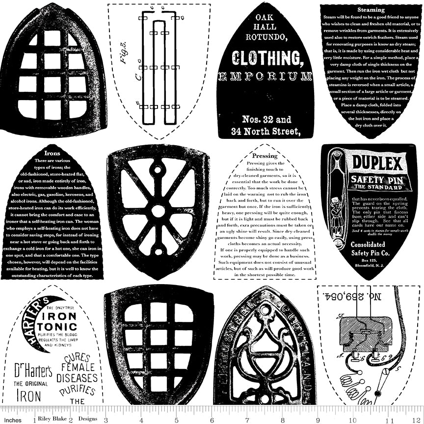 Press On: Iron Plate - White Iron Sole Plates and Text - 1/2 Yard Flat Fold - by J. Wecker Frisch for Riley Blake Designs