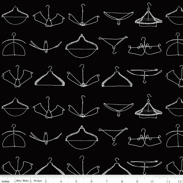 Press On: Wire Hangers - Black with Hangers - 1/2 Yard Flat Fold - by J. Wecker Frisch for Riley Blake Designs