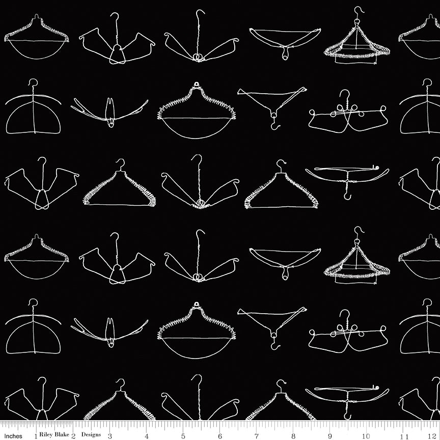 Press On: Wire Hangers - Black with Hangers - 1/2 Yard Flat Fold - by J. Wecker Frisch for Riley Blake Designs