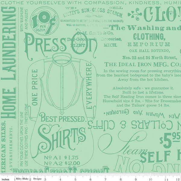 Press On: Pressing Matters - Mint Green with Iron Themed Text and Icons - 1/2 Yard Flat Fold - by J. Wecker Frisch for Riley Blake Designs