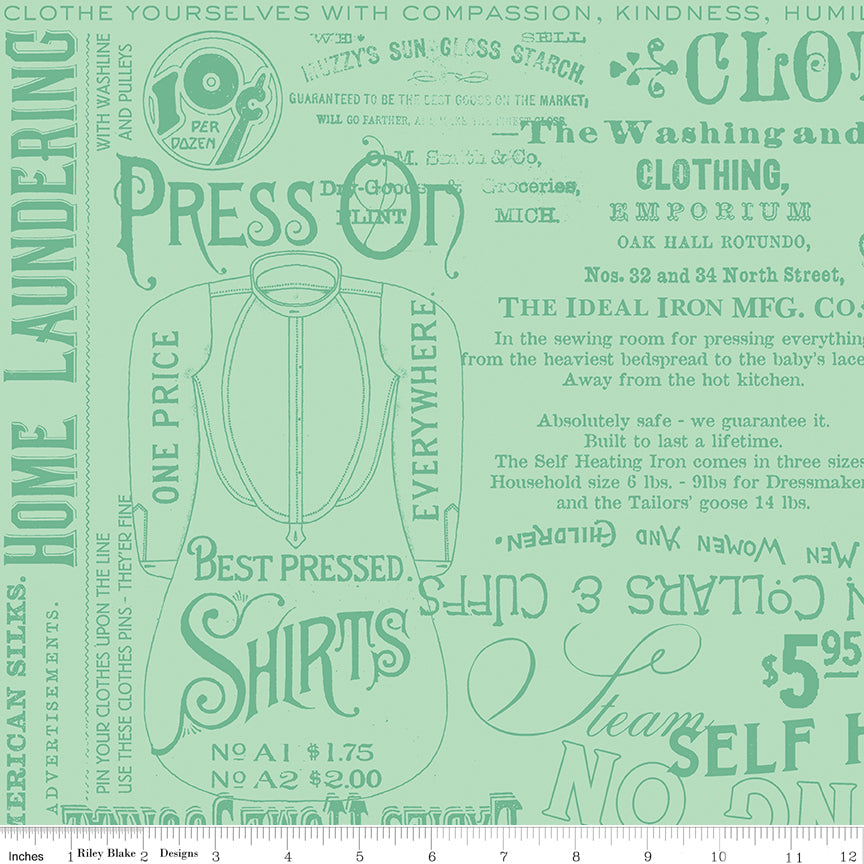 Press On: Pressing Matters - Mint Green with Iron Themed Text and Icons - 1/2 Yard Flat Fold - by J. Wecker Frisch for Riley Blake Designs