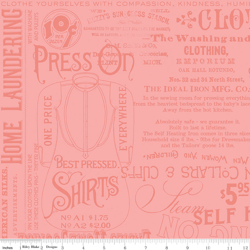 Press On: Pressing Matters - Pink with Iron Themed Text and Icons - 1/2 Yard Flat Fold - by J. Wecker Frisch for Riley Blake Designs