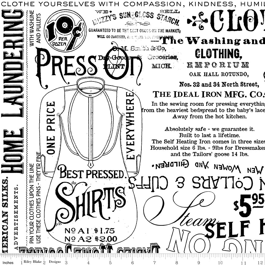 Press On: Pressing Matters - White with Iron Themed Text and Icons - 1/2 Yard Flat Fold - by J. Wecker Frisch for Riley Blake Designs