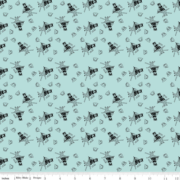 Press On: Press On Girl - Aqua with Girl Ironing and Vintage Irons - 1/2 Yard Flat Fold - by J. Wecker Frisch for Riley Blake Designs