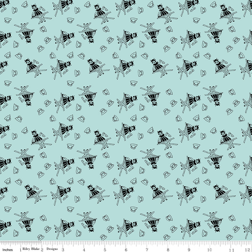 Press On: Press On Girl - Aqua with Girl Ironing and Vintage Irons - 1/2 Yard Flat Fold - by J. Wecker Frisch for Riley Blake Designs