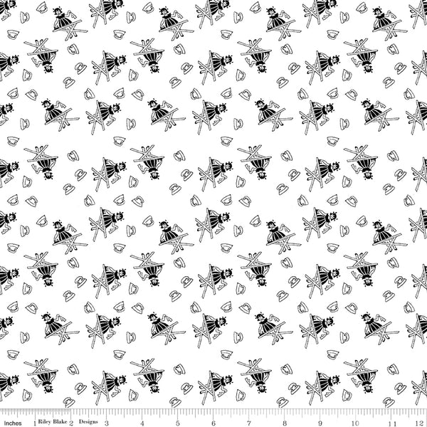 Press On: Press On Girl - White with Girl Ironing and Vintage Irons - 1/2 Yard Flat Fold - by J. Wecker Frisch for Riley Blake Designs