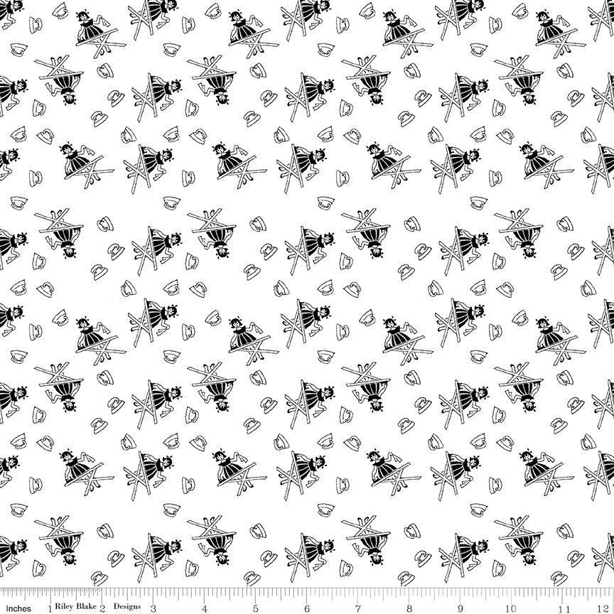 Press On: Press On Girl - White with Girl Ironing and Vintage Irons - 1/2 Yard Flat Fold - by J. Wecker Frisch for Riley Blake Designs