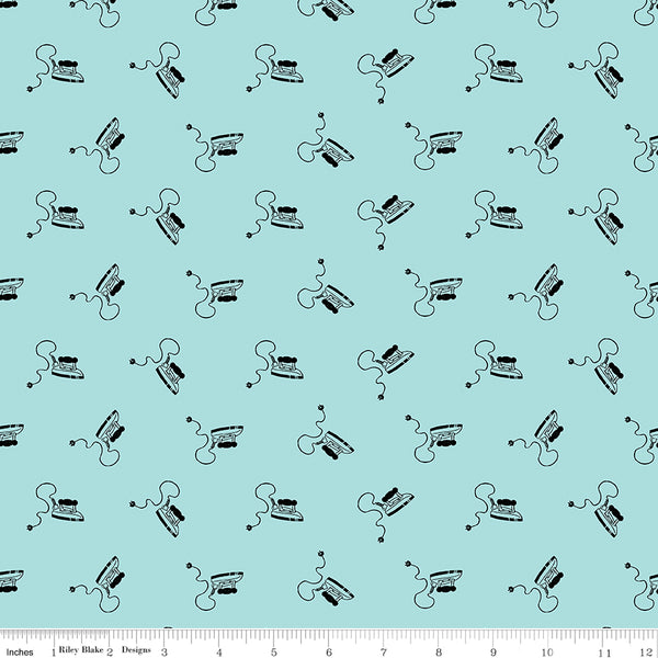Press On: Mini Irons -Aqua with Scattered Vintage Irons - 1/2 Yard Flat Fold - by J. Wecker Frisch for Riley Blake Designs