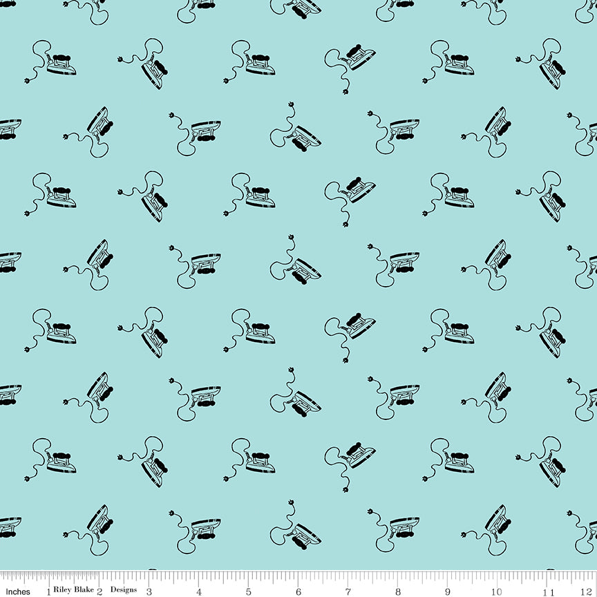 Press On: Mini Irons -Aqua with Scattered Vintage Irons - 1/2 Yard Flat Fold - by J. Wecker Frisch for Riley Blake Designs