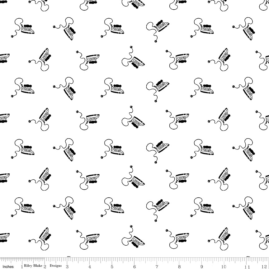 Press On: Mini Irons -White with Scattered Vintage Irons - 1/2 Yard Flat Fold - by J. Wecker Frisch for Riley Blake Designs