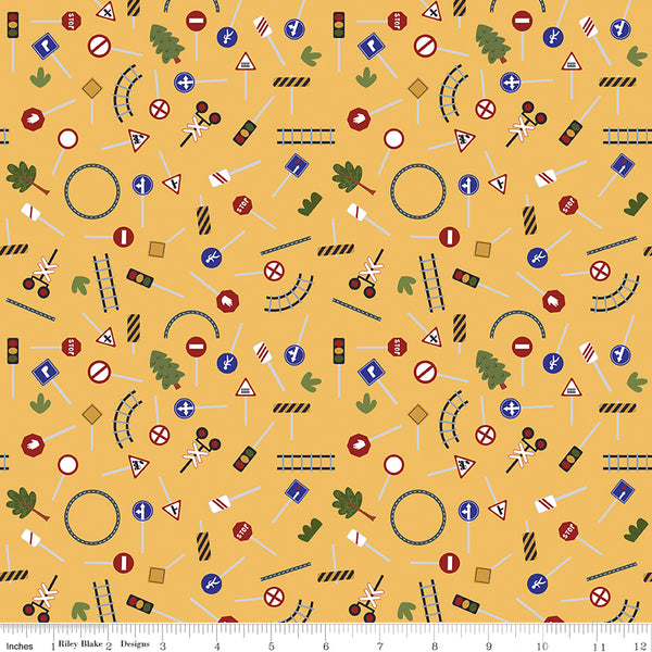 1/2 Yard Flat Fold Traffic Signs Sunshine Yellow, It Takes a Village Designer Quilting Cotton by Jennifer Long for Riley Blake Designs