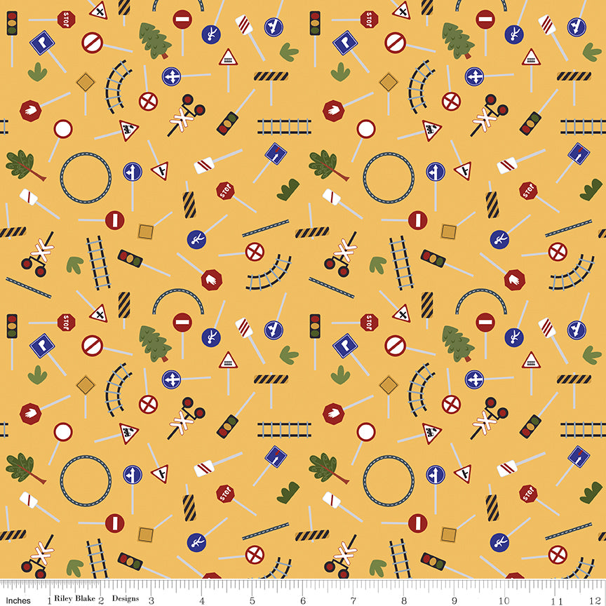 1/2 Yard Flat Fold Traffic Signs Sunshine Yellow, It Takes a Village Designer Quilting Cotton by Jennifer Long for Riley Blake Designs