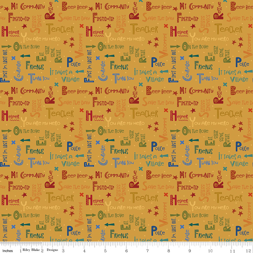 1/2 Yard Flat Fold Community Text Honey Yellow, It Takes a Village Designer Quilting Cotton by Jennifer Long for Riley Blake Designs