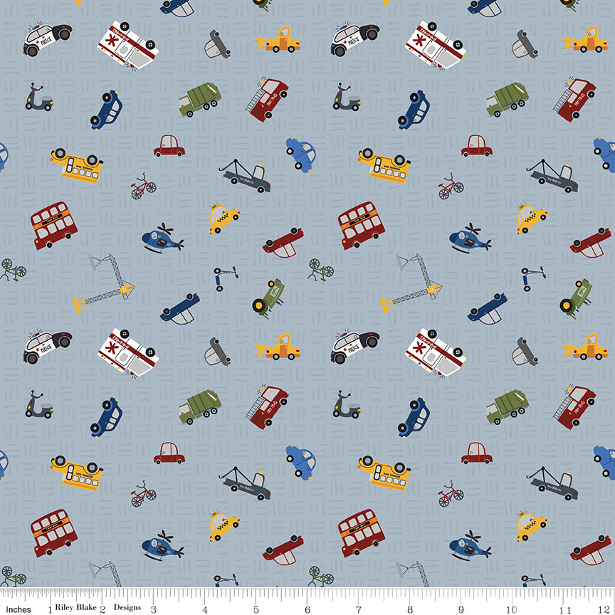 1/2 Yard Flat Fold Traffic Jam Gray, It Takes a Village Designer Quilting Cotton by Jennifer Long for Riley Blake Designs