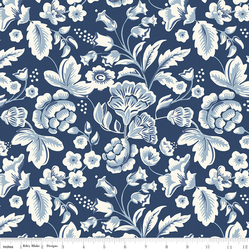 1/2 Yard Flat Fold, Blue Main Print Designer Quilting Cotton by Freedom Garden for Riley Blake Designs