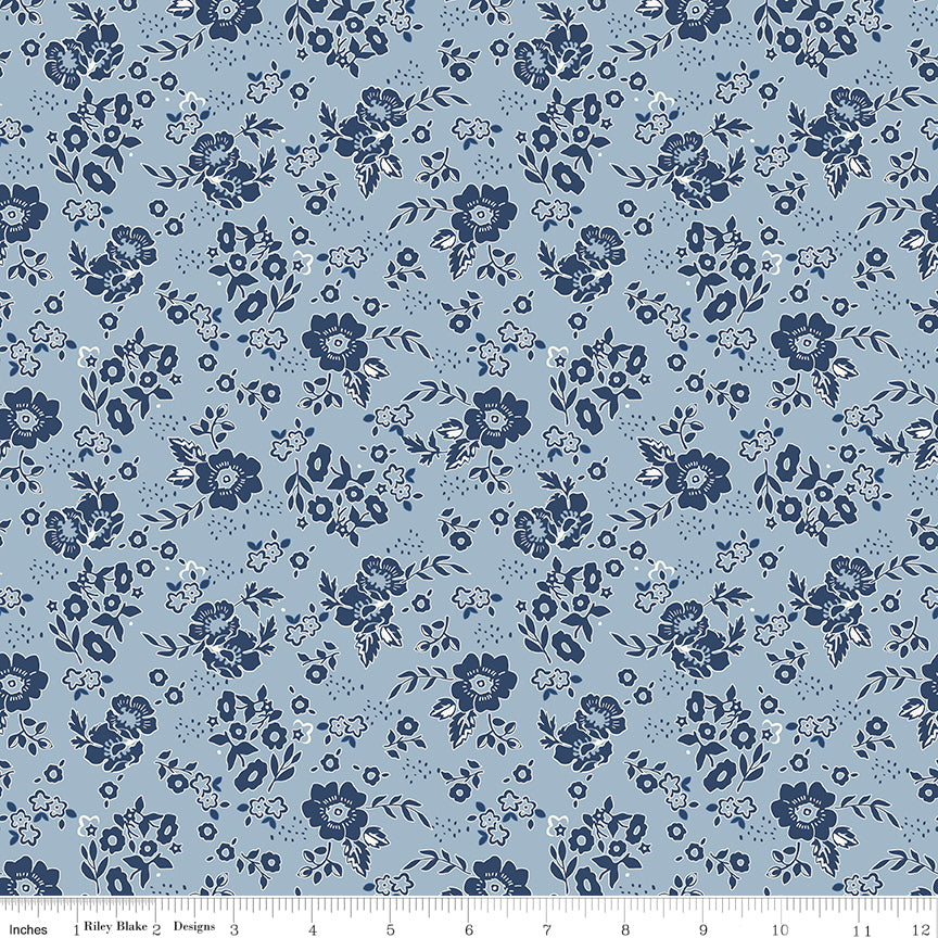 1/2 Yard Flat Fold, Sky Blue Medium Floral Designer Quilting Cotton by Freedom Garden for Riley Blake Designs