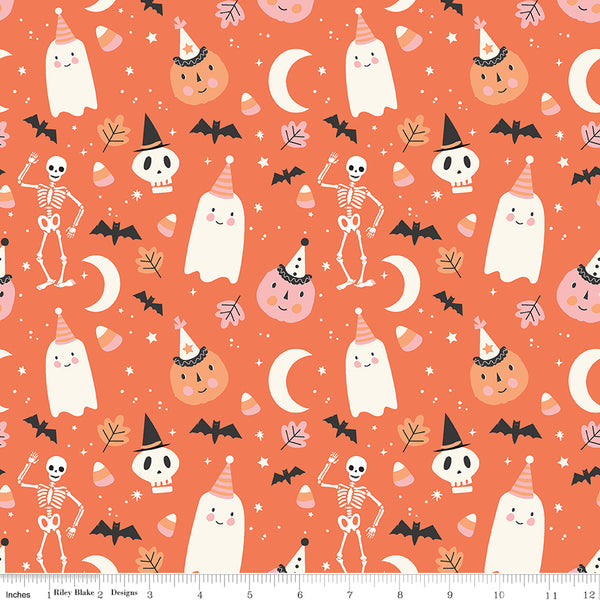 1/2 Yard Flat Fold, Hey Pumpkin Main - Orange, Ghosts, Skeletons, Candy Corn, Stars by Riley Blake Designs