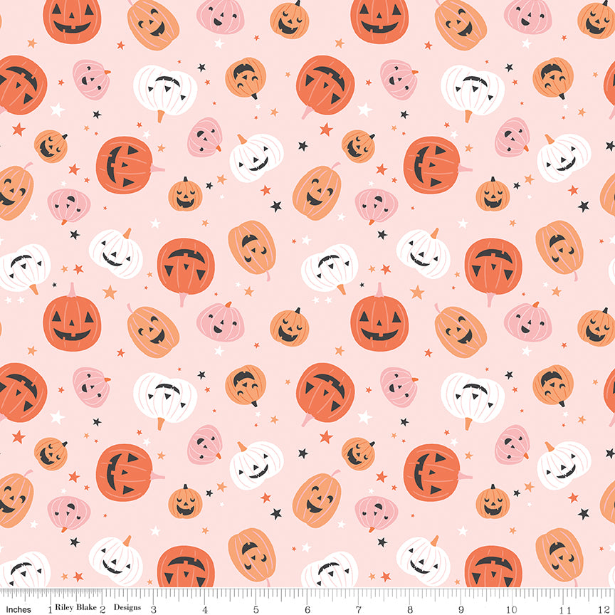 1/2 Yard Flat Fold, Hey Pumpkin Pumpkins - Blush Pink, jack-o-lanterns and stars by Riley Blake Designs