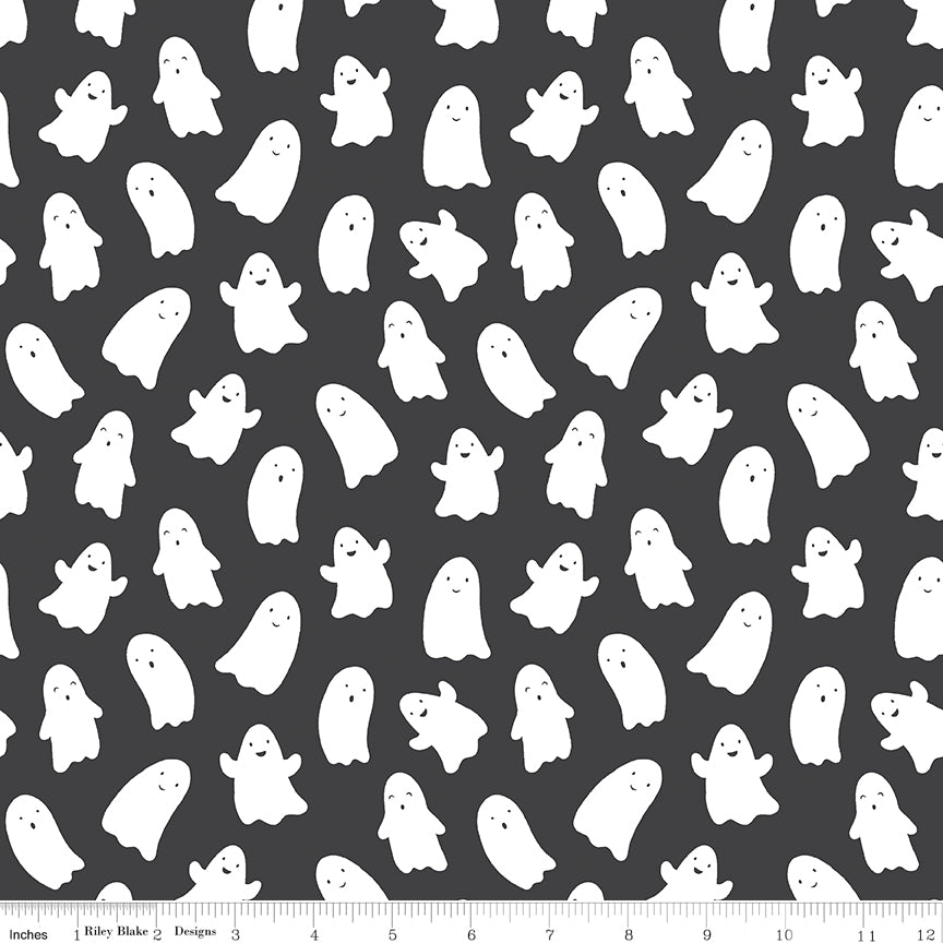 1/2 Yard Flat Fold, Hey Pumpkin Ghosts - Charcoal Black, features scattered ghosts, by Riley Blake Designs