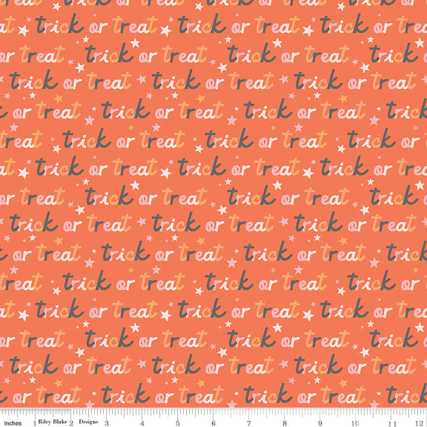 1/2 Yard Flat Fold, Hey Pumpkin Trick or Treat - Orange, words and stars by Riley Blake Designs