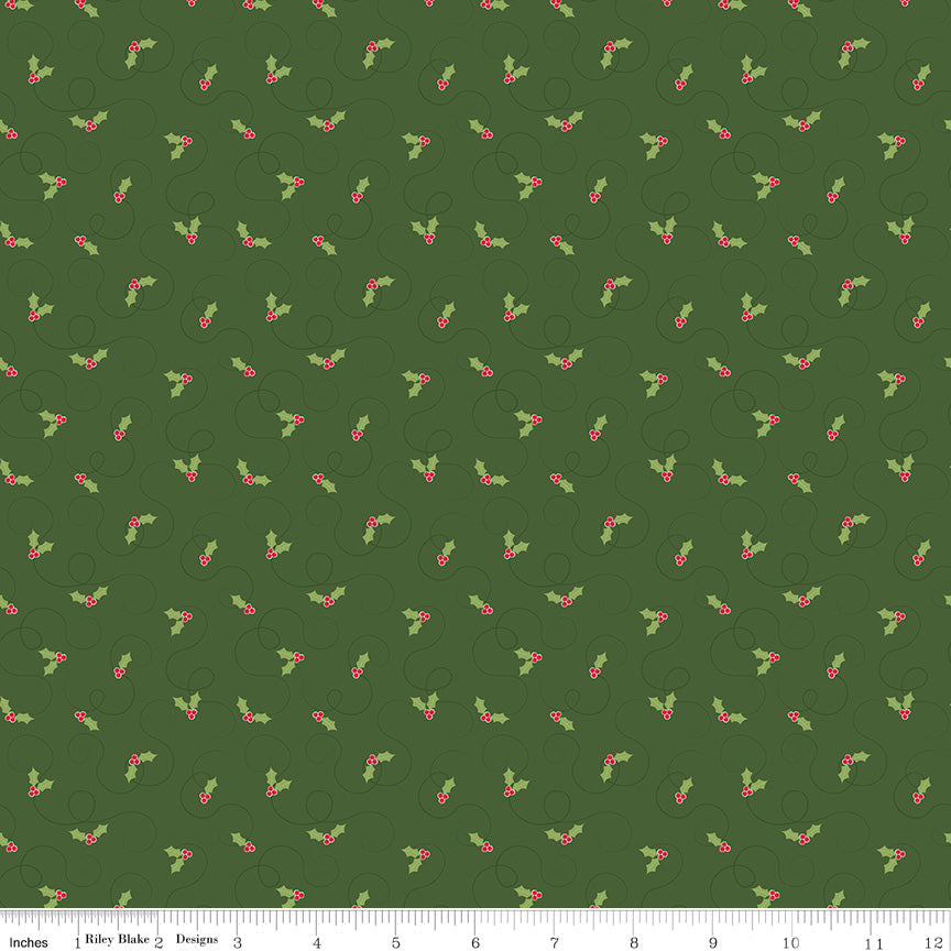 More Christmas Wishes: Green Holly Fabric, 1/2 Yard Flat Fold, Designer Quilting Cotton from Riley Blake Designs