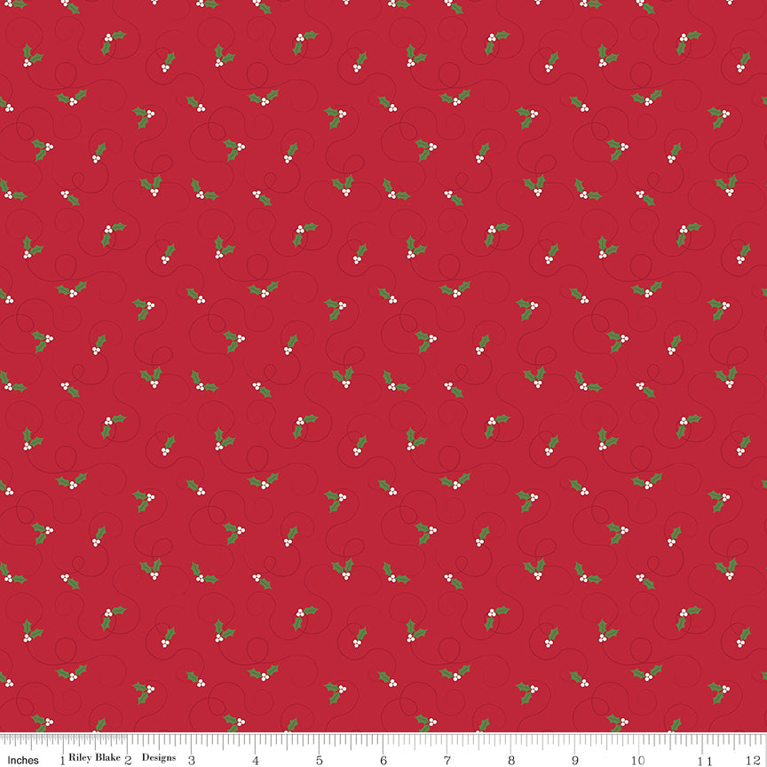 More Christmas Wishes: Red Holly Fabric, 1/2 Yard Flat Fold, Designer Quilting Cotton from Riley Blake Designs