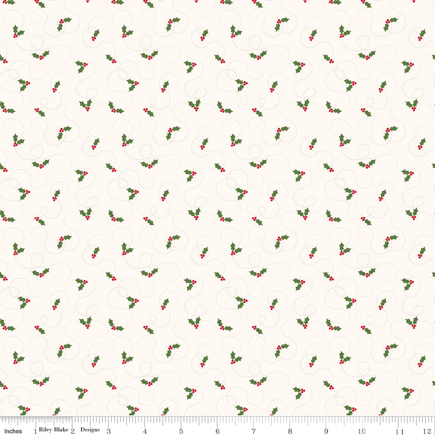 More Christmas Wishes: White Holly Fabric, 1/2 Yard Flat Fold, Designer Quilting Cotton from Riley Blake Designs