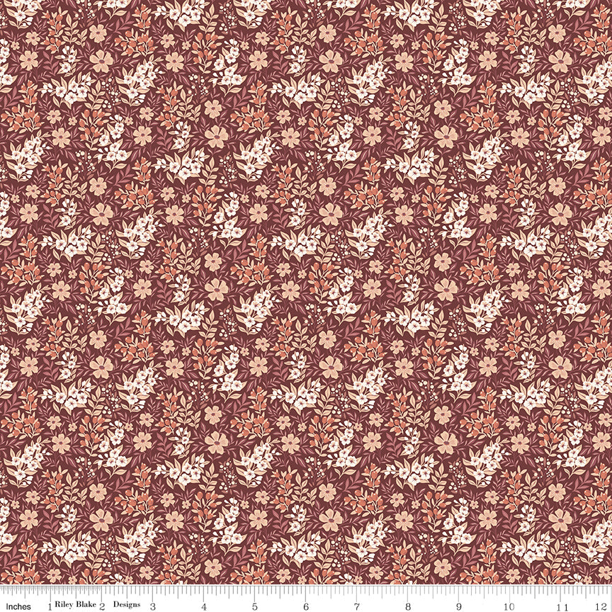 1/2 Yard Flat Fold - Evening on the Prairie Ditsy Floral Marsala, Designer Quilting Cotton