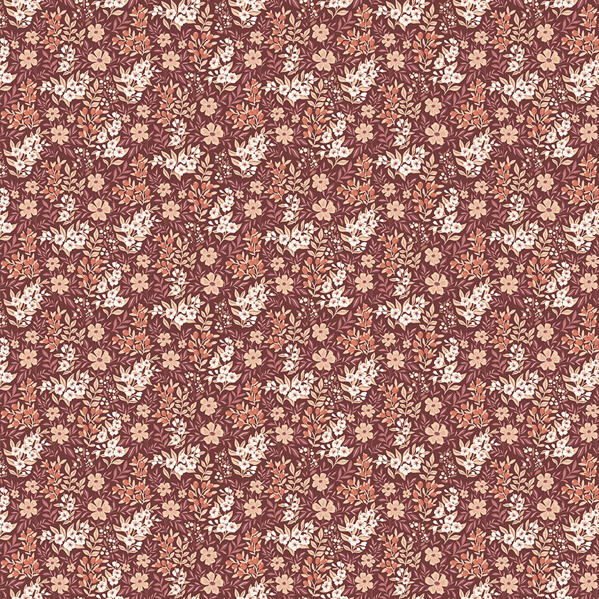 1/2 Yard Flat Fold - Evening on the Prairie Ditsy Floral Marsala, Designer Quilting Cotton