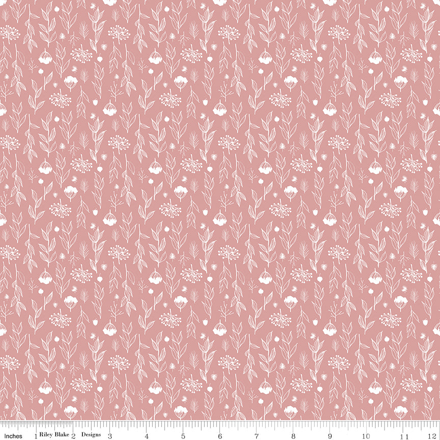 1/2 Yard Flat Fold - Evening on the Prairie Silhouette Floral Pink, Designer Quilting Cotton