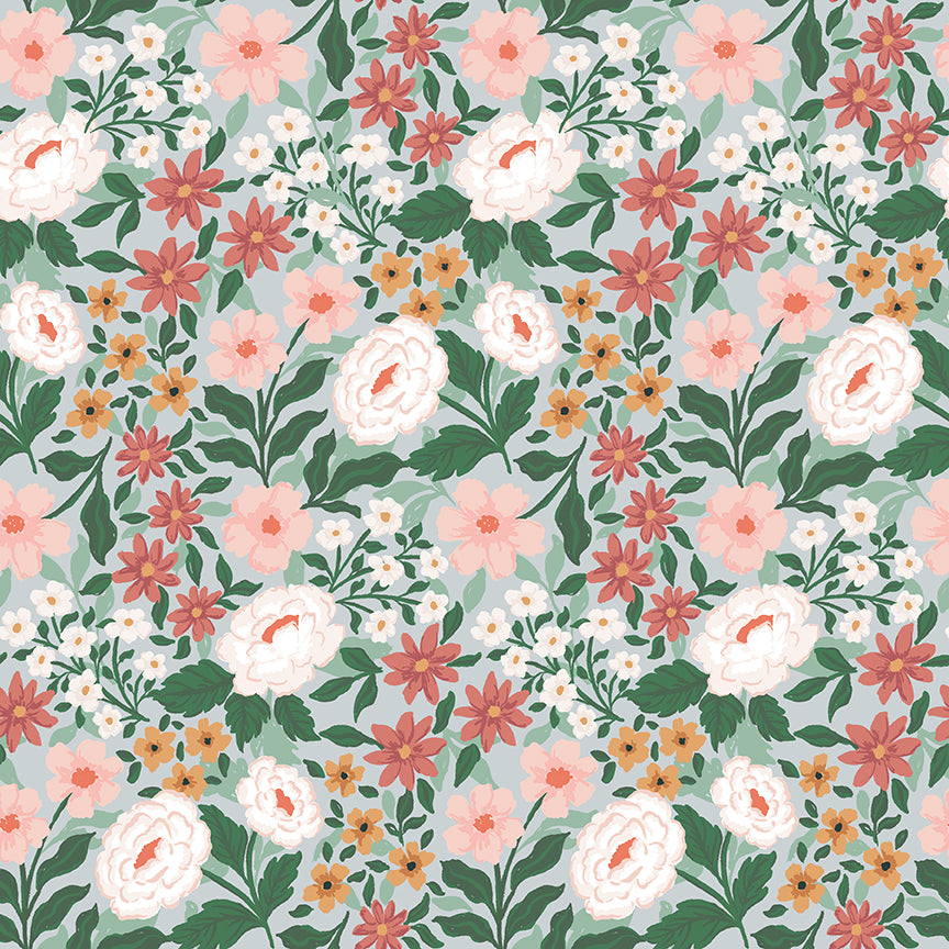 Pattern of pink, white, and orange flowers with green leaves on a light blue background