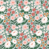 Pattern of pink, white, and orange flowers with green leaves on a light blue background