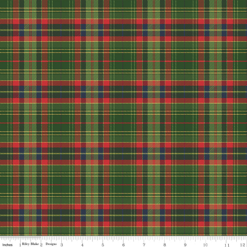 More Christmas Wishes: Green Multi-Plaid Fabric, 1/2 Yard Flat Fold, Designer Quilting Cotton from Riley Blake Designs