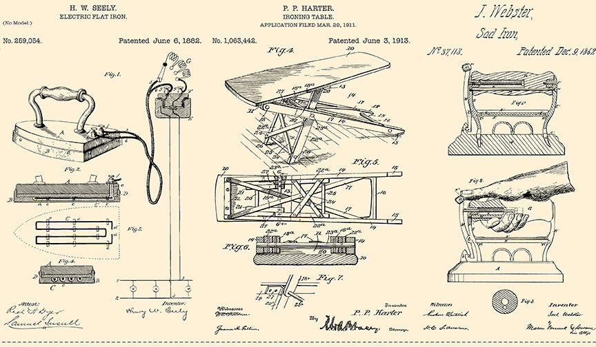 Press On: Press Patents Panel 24" x 43" - Parchment Vintage Iron Patents - by J. Wecker Frisch for Riley Blake Designs