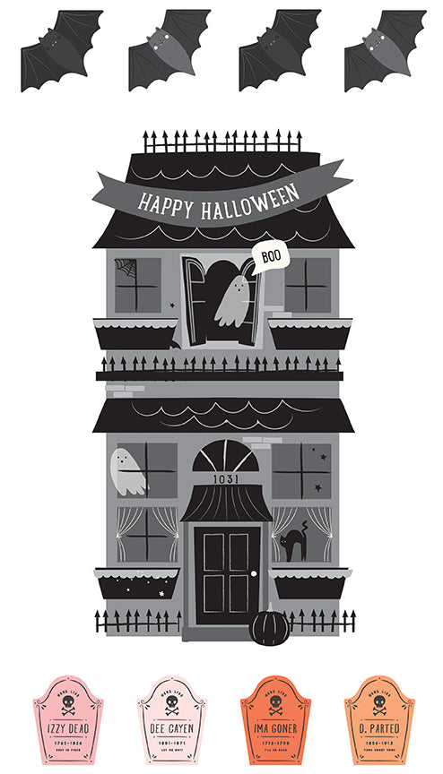 Hey Pumpkin Happy Halloween Panel - haunted house, bats, and tombstones by Riley Blake Designs