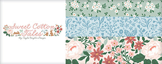 Collection of floral patterns with 'Sweet Cotton Tales' branding on a white background