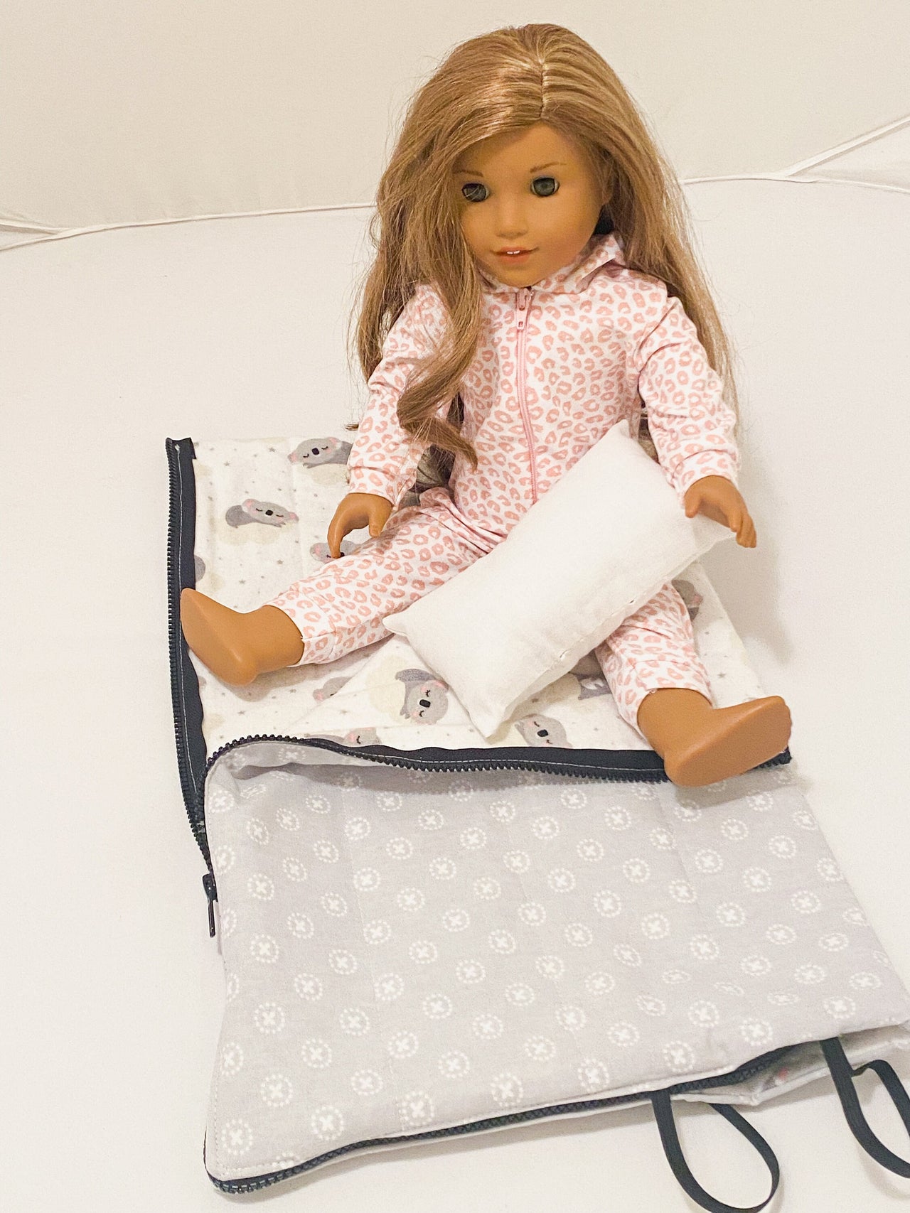 Gray Print/ Koala Flannel - American Girl 18 inch Doll Sleeping Bag with Pillow and Pillow Case