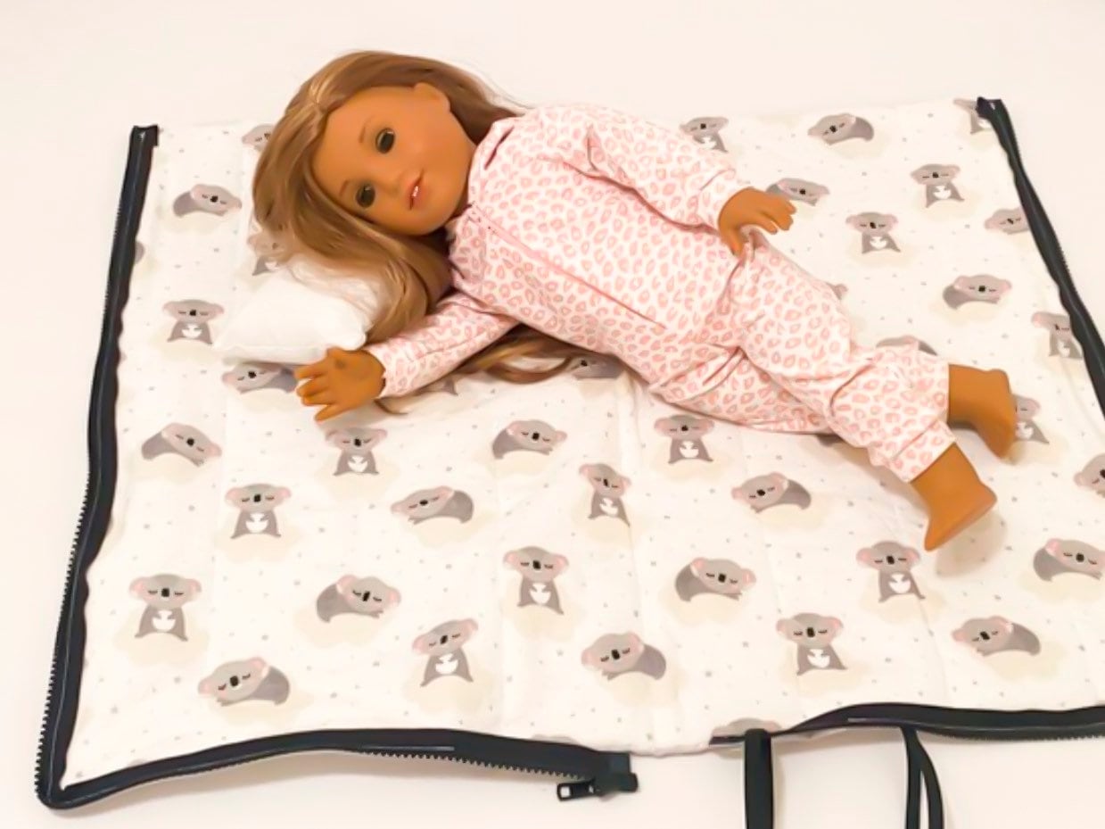 Gray Print/ Koala Flannel - American Girl 18 inch Doll Sleeping Bag with Pillow and Pillow Case