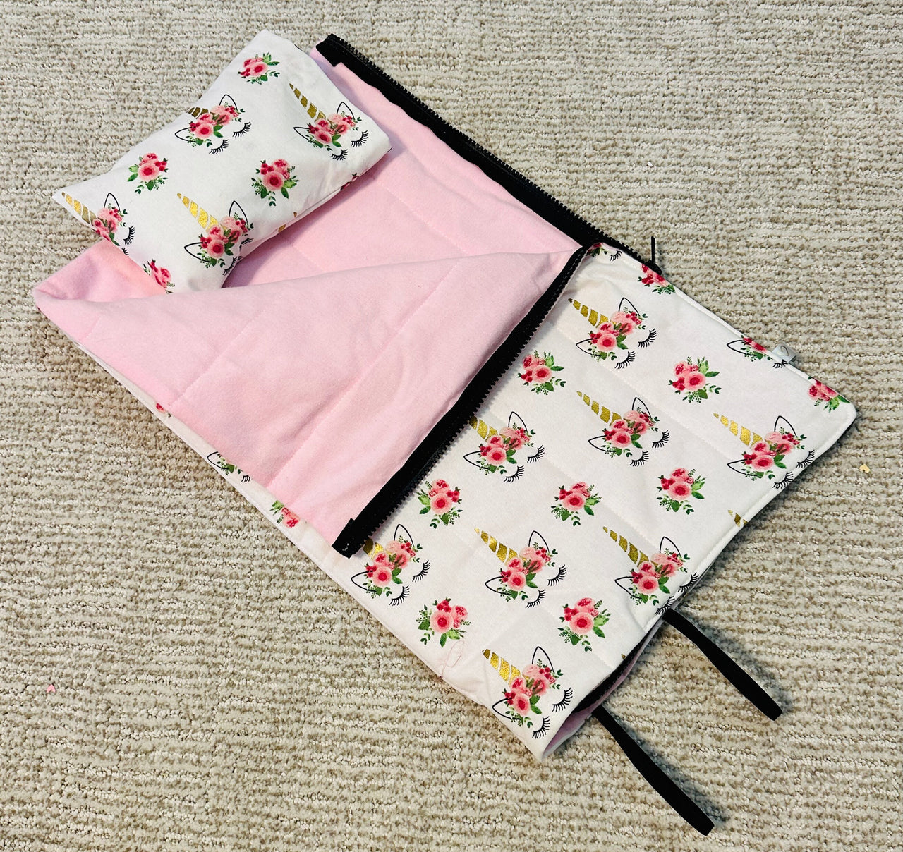 Unicorns/ Pink Flannel - 18 inch Doll Sleeping Bag with Pillow and Pillow Case
