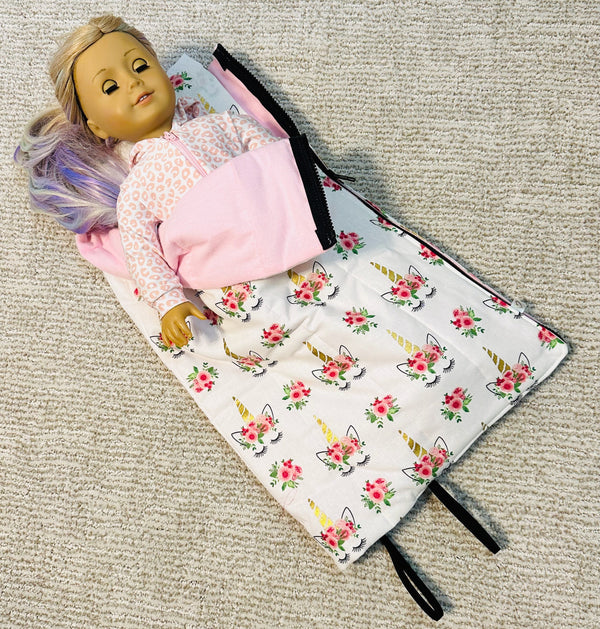 Unicorns/ Pink Flannel - 18 inch Doll Sleeping Bag with Pillow and Pillow Case