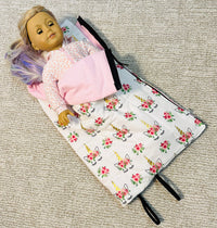 Unicorns/ Pink Flannel - 18 inch Doll Sleeping Bag with Pillow and Pillow Case